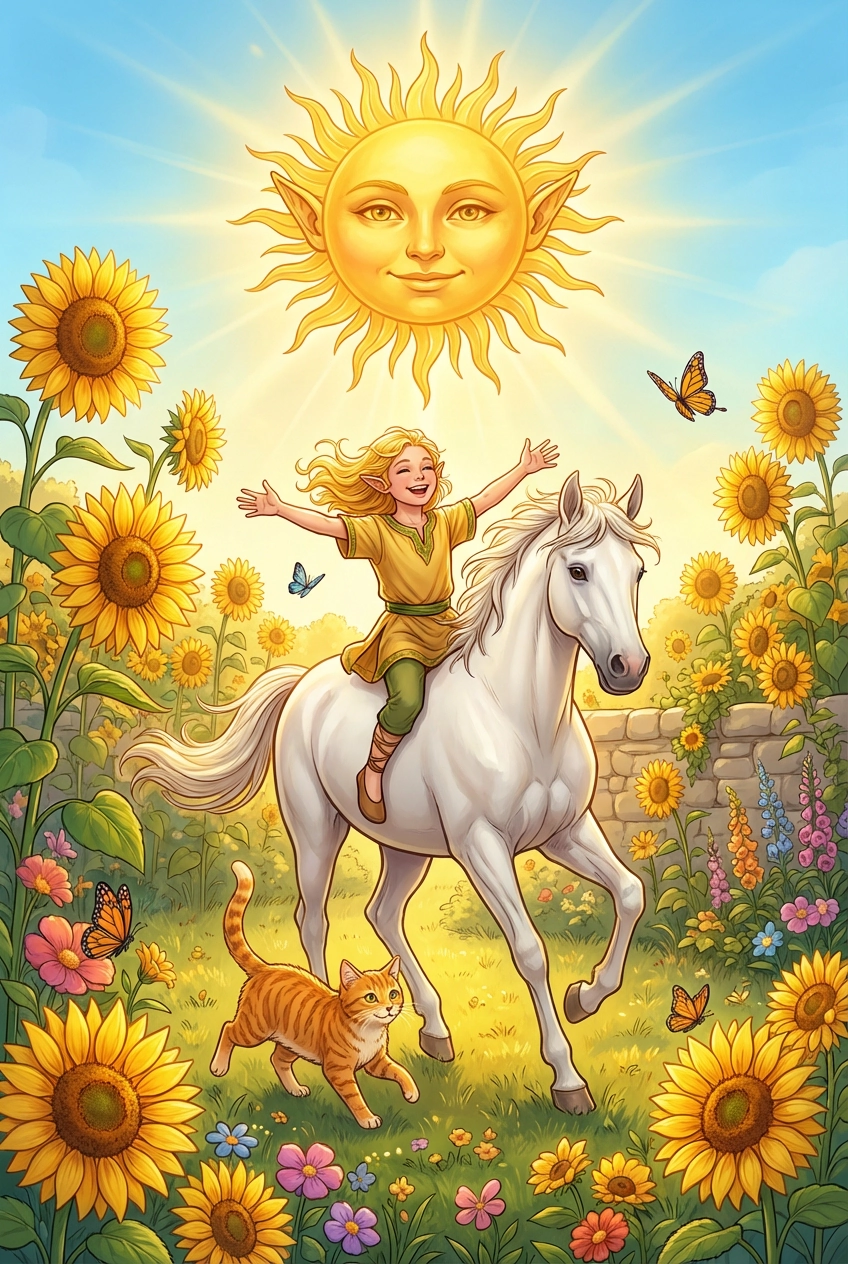 Tarotkarte Die Sonne — strahlend über einer warmen Szene