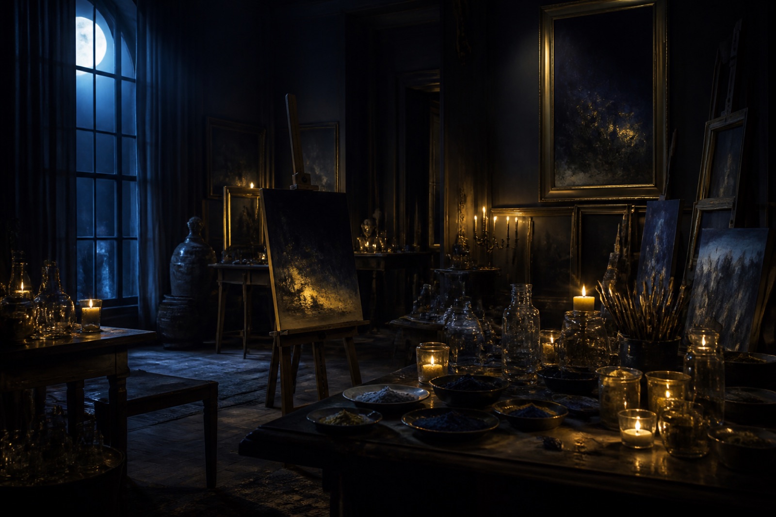 Künstleratelier bei Nacht mit Staffeleien und Mondlicht