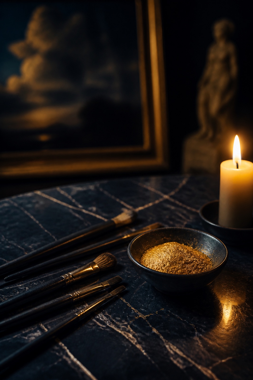 Pinsel und Schale mit Goldpigment auf dunklem Marmor