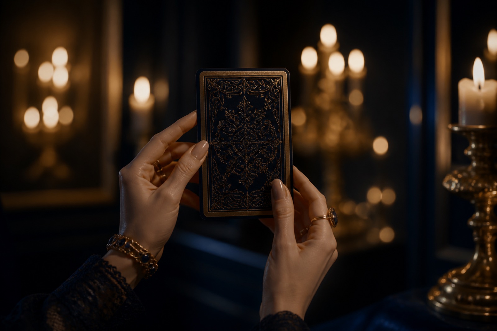 Hände halten eine verdeckte Tarotkarte ins Kerzenlicht