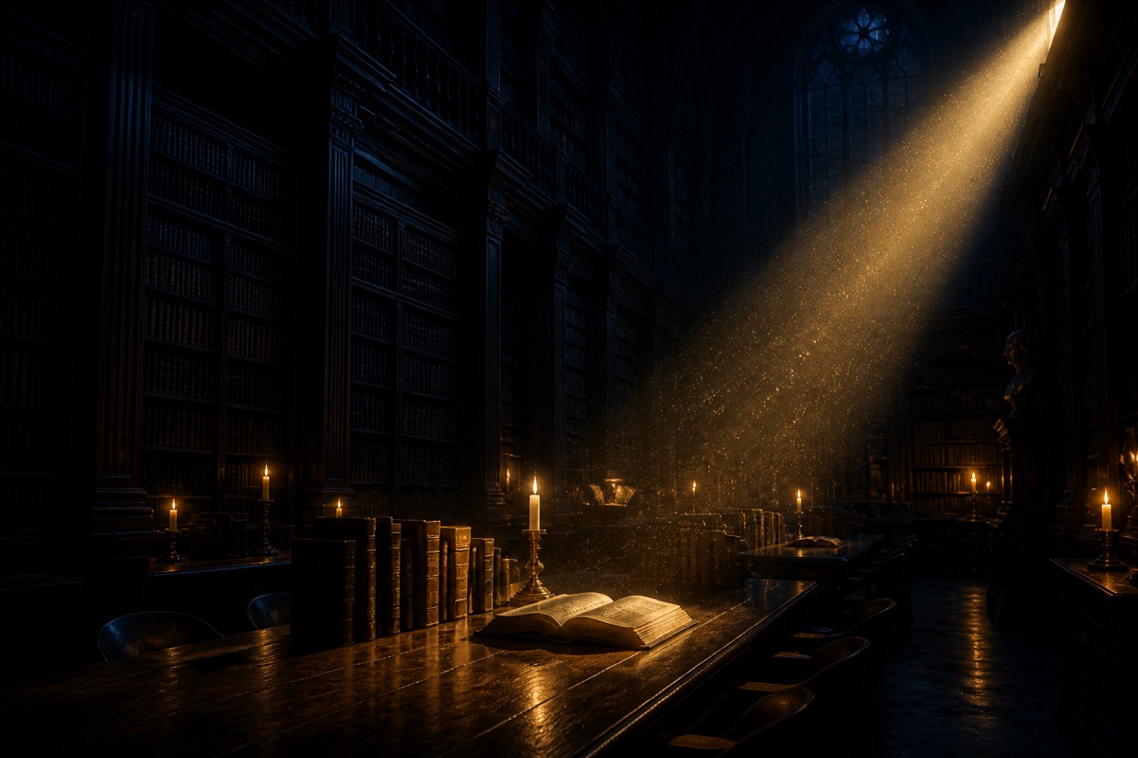 Nächtliche Bibliothek mit hohen Regalen und goldenem Lichtstrahl