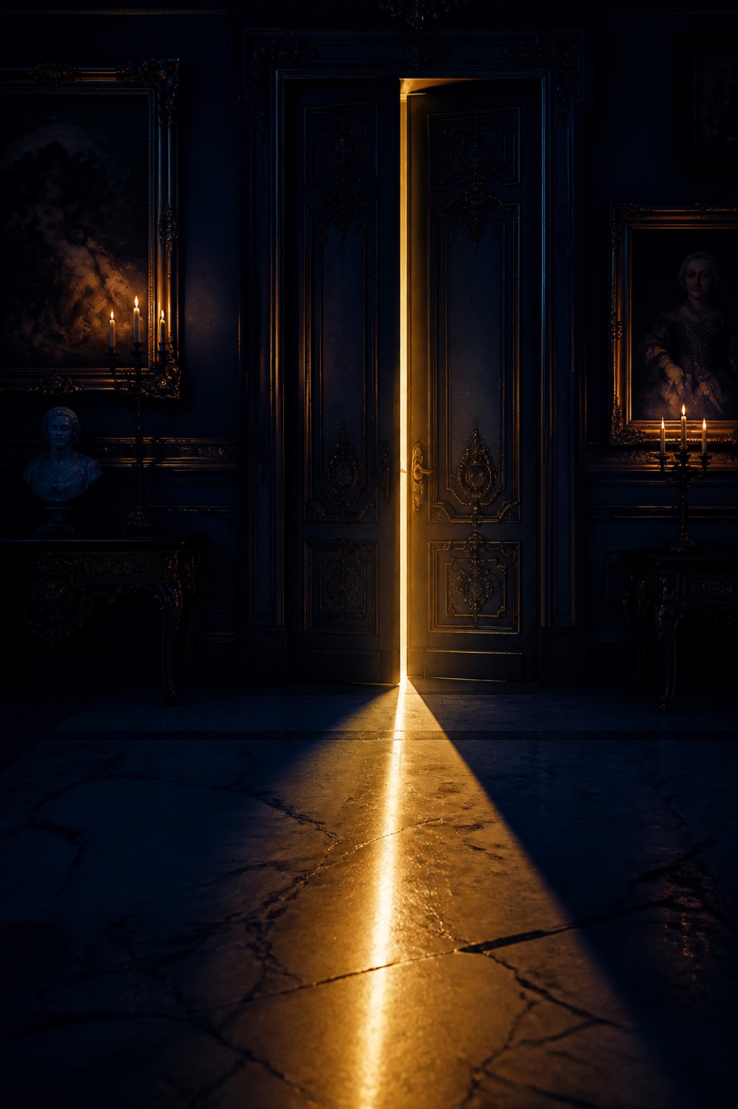 Barocke Tür mit goldenem Lichtspalt